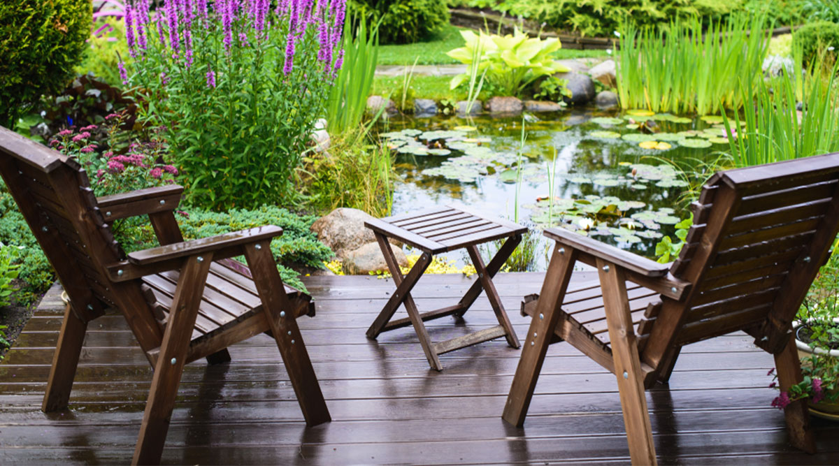 Houten zitje bij een vijver met mooie planten