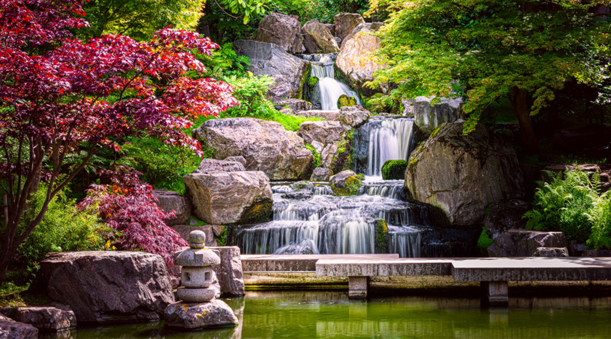 vijver met waterval in Japanse tuin