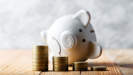 Spaarvarken op zijn kant met geld ervoor, een gehalveerd pensioen