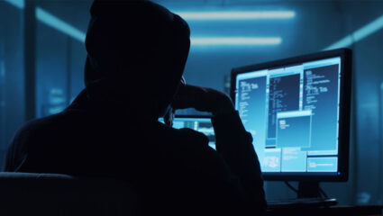 Een hacker zit voor een computerscherm in een donkere ruimte.