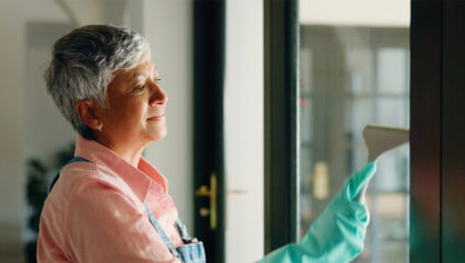 Een mevrouw maakt de ramen schoon met een raamwisser.