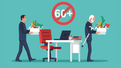 Op een afbeelding is te zien op een oudere man op kantoor wordt vervangen door een jonge man.