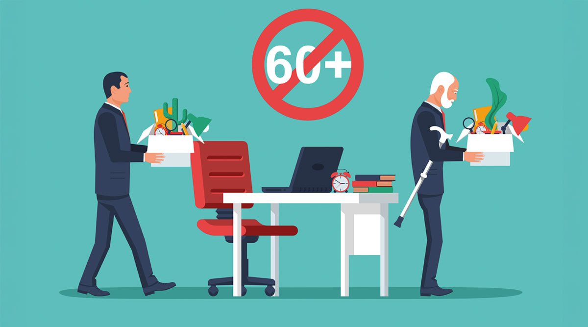 Op een afbeelding is te zien op een oudere man op kantoor wordt vervangen door een jonge man.