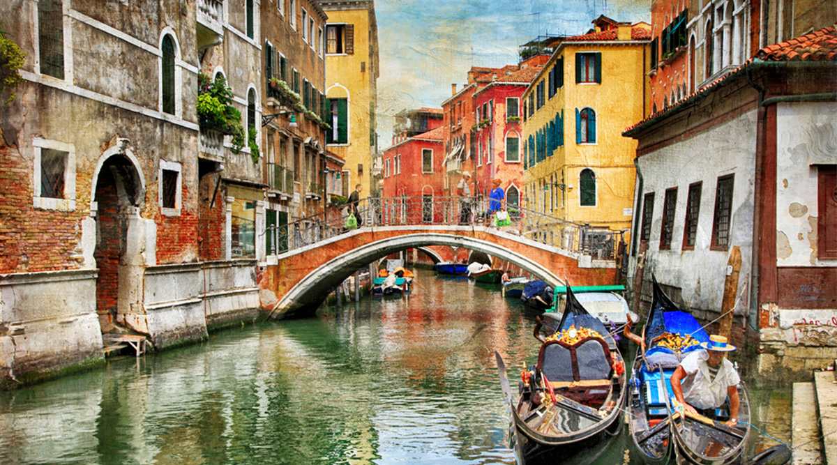 Een schilderij met daarop de Venetiaanse grachten.