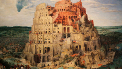 Een schilderij met de Toren van Babel.