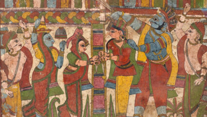 Een beschildering van een mythologisch tafereel.