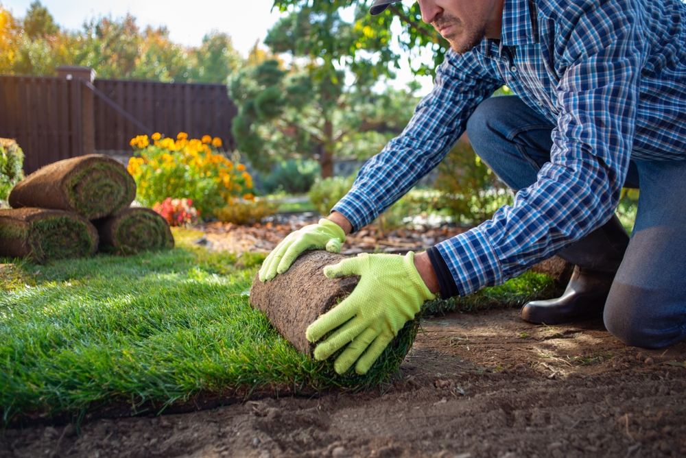 Een man legt graszoden in de tuin