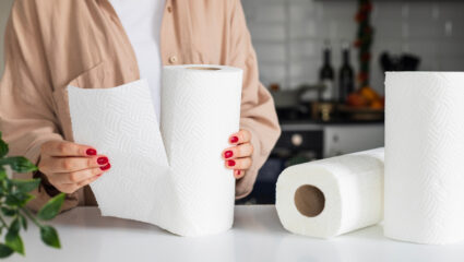 Mevrouw staat in de keuken met keukenpapier.