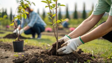 Mensen planten bomen in de grond.