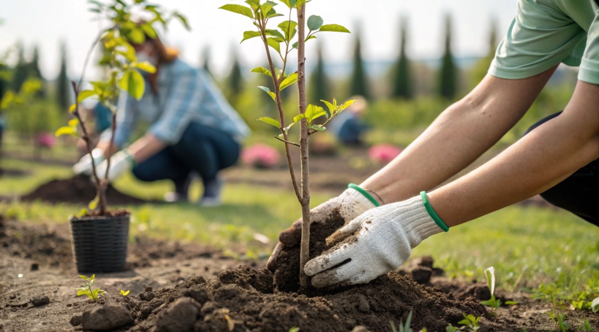 Mensen planten bomen in de grond.