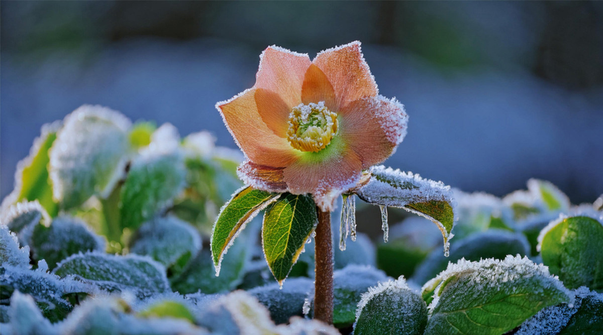 Helleborus met ijskristallen.