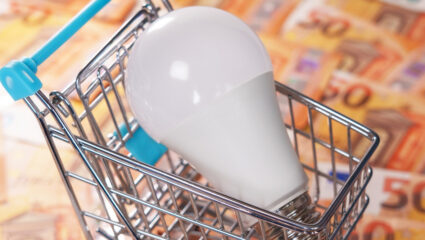 Een lampje in een winkelmand,, met daaronder veel geld. Als symbool voor de welkomstbonus.