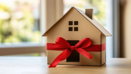 Een huis met een strik eromheen.