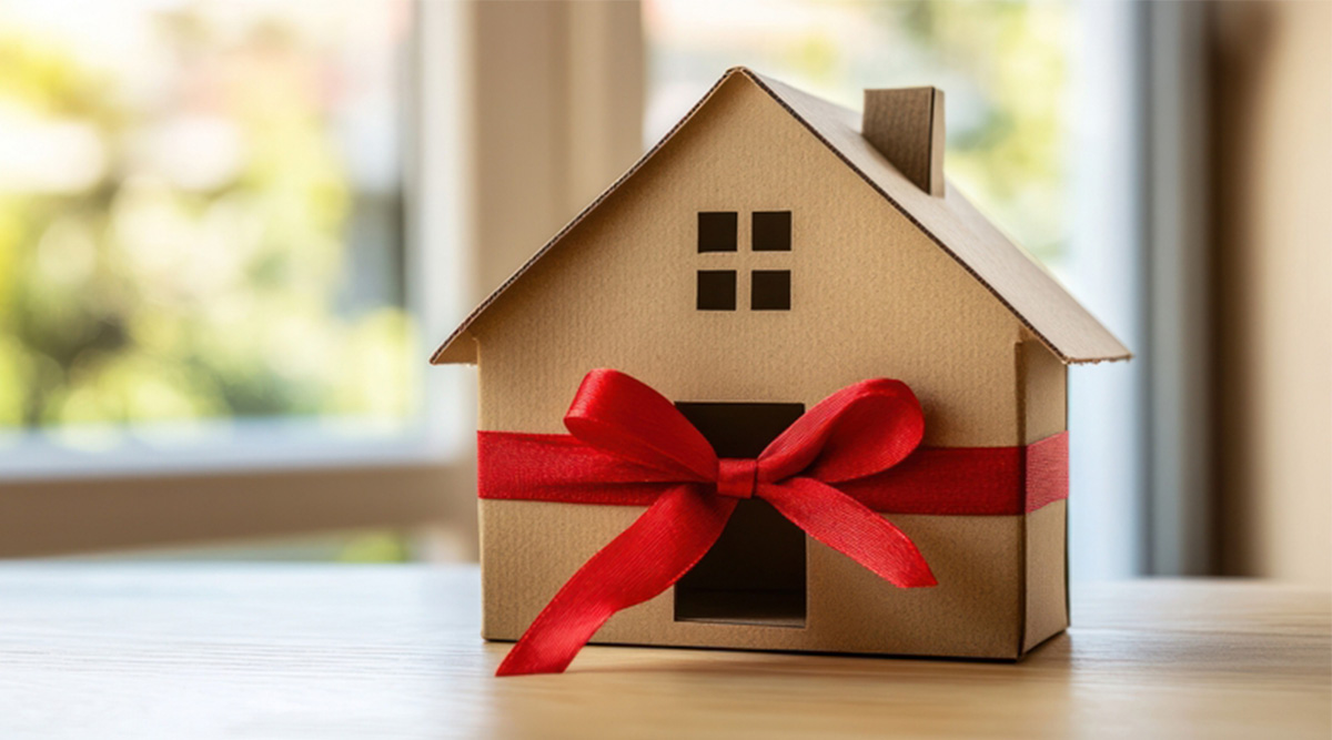 Een huis met een strik eromheen.