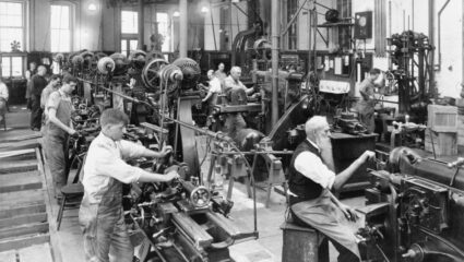 Arbeiders aan het werk voordat er sociale zekerheid was.