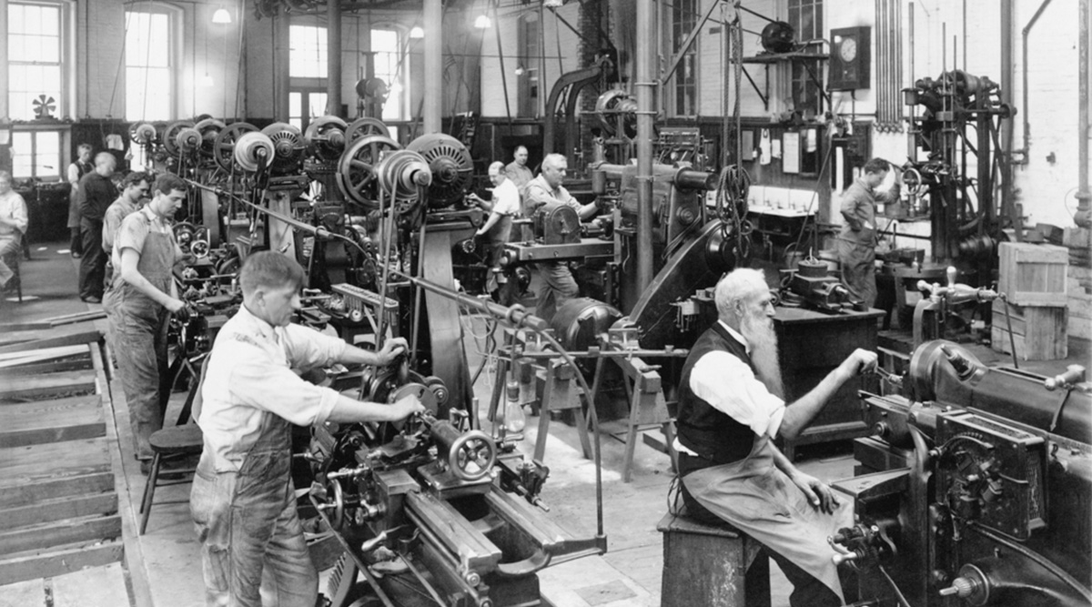 Arbeiders aan het werk voordat er sociale zekerheid was.