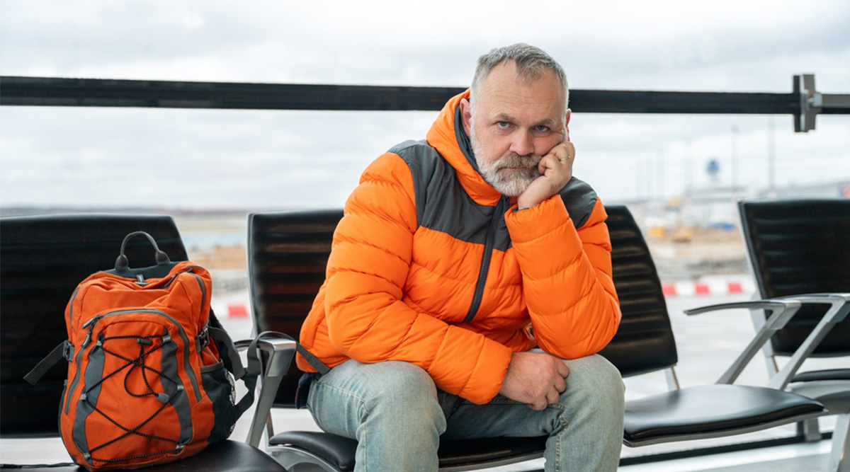 Man is boos tijdens vertraging voor vakantie.