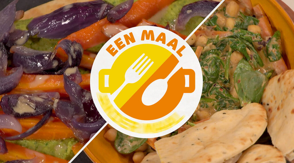 Eén maal, ander maal: naan met spinaziehummus en geroosterde groente en curry met kikkererwten