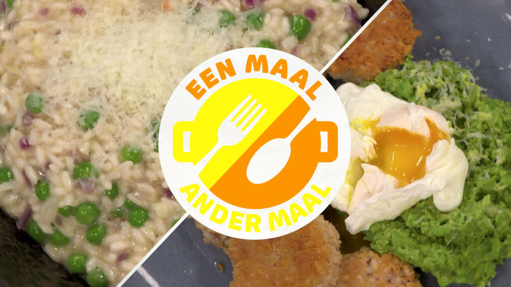 Eén maal, ander maal: risotto à la carbonara en doperwtenpuree met risottokoekjes en gepocheerd ei