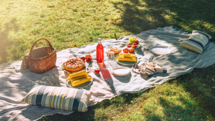 picknick kleed met hapjes en drankjes op een grasveld