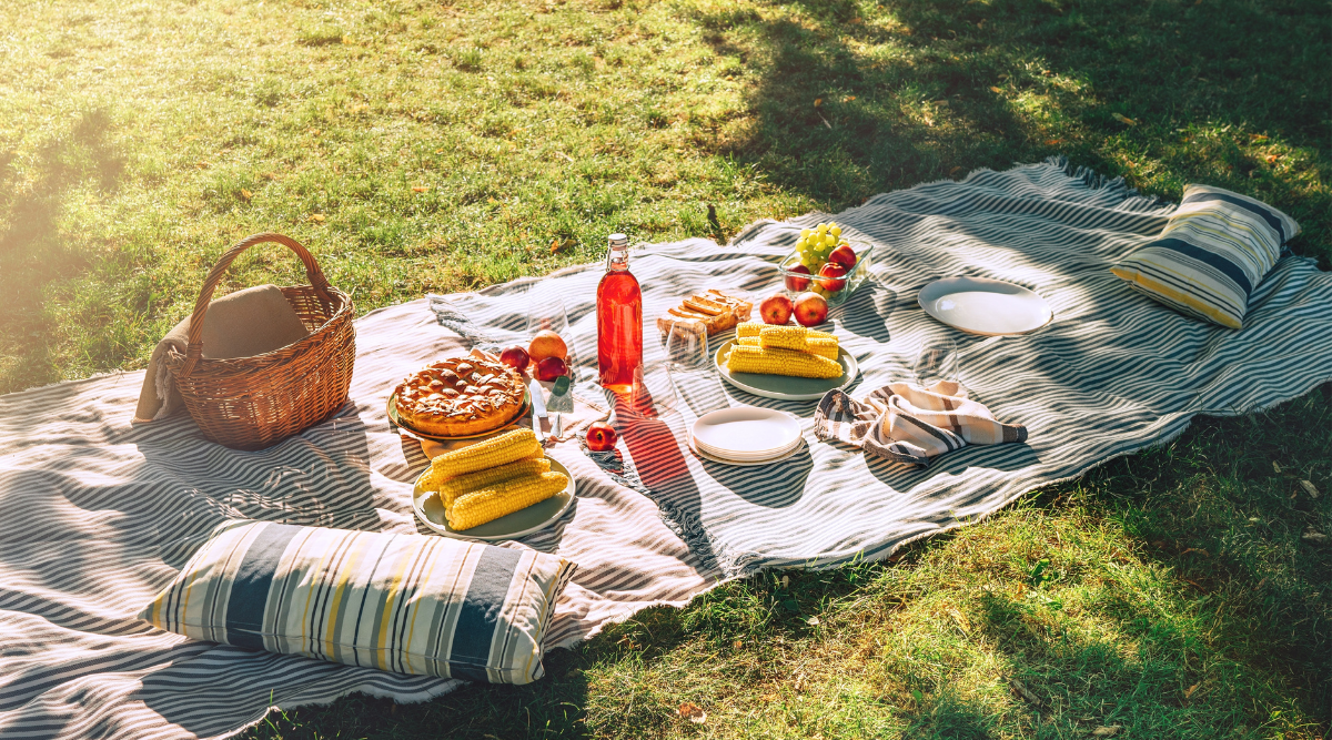 picknick kleed met hapjes en drankjes op een grasveld