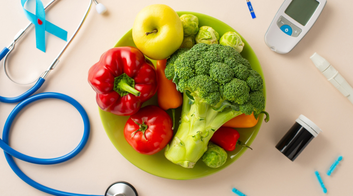 Groenten op een bord en medische apparatuur eromheen, een gezond dieet