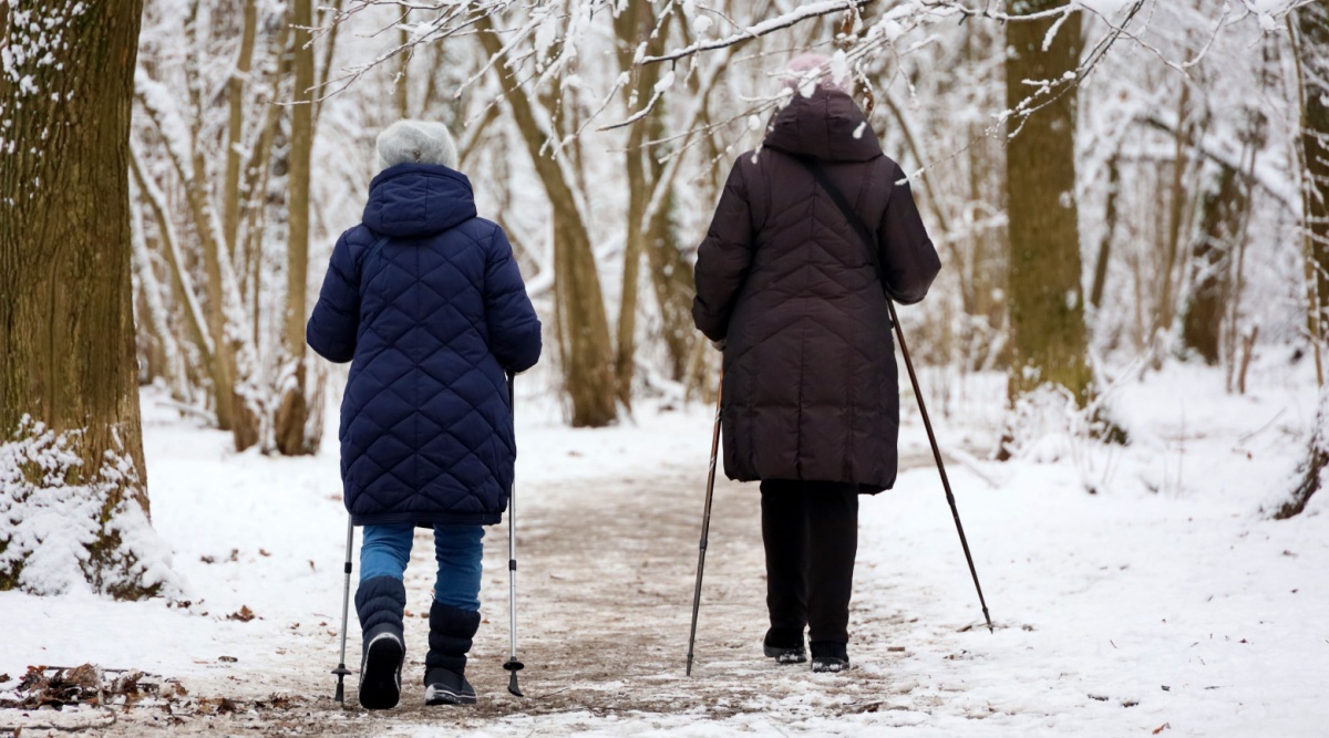 Twee vrouwen lopen in het bos in de winter om in beweging te blijven.