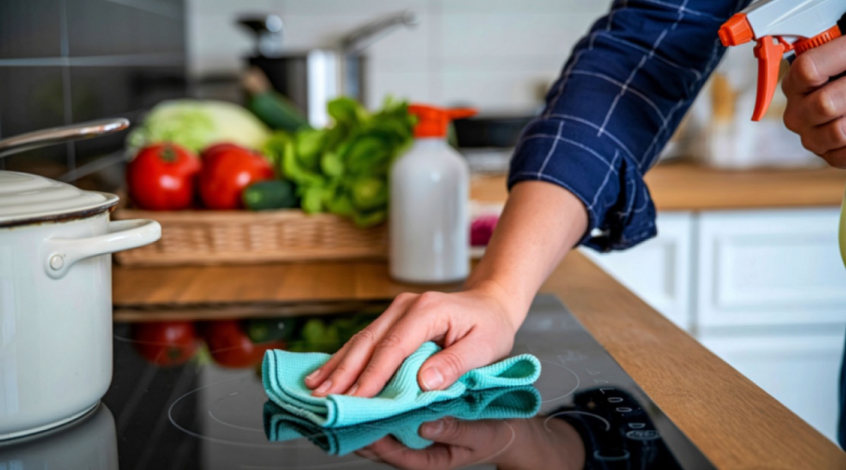 Iemand gebruikt desinfecterende middelen om het fornuis schoon te maken
