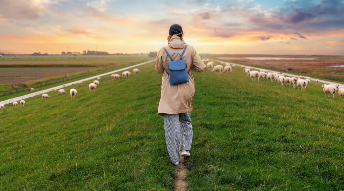 Een vrouw wandelt het Elfstedenpad.