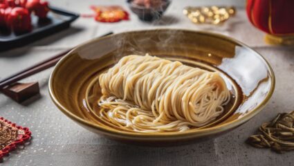 Noedels in een bruin bord zonder toppings