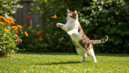 Katten kunnen in de tuin hun jachtinstinct kwijt, zoals deze kat, die op een vlinder jaagt