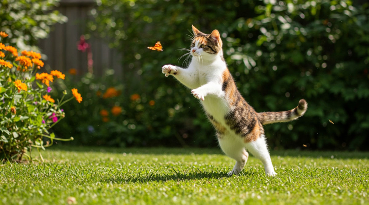 Katten kunnen in de tuin hun jachtinstinct kwijt, zoals deze kat, die op een vlinder jaagt