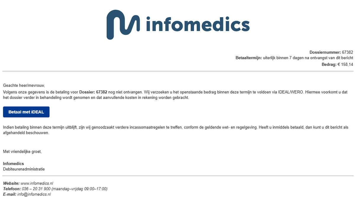 Een voorbeeld van een nepmail uit naam van Infomedics 