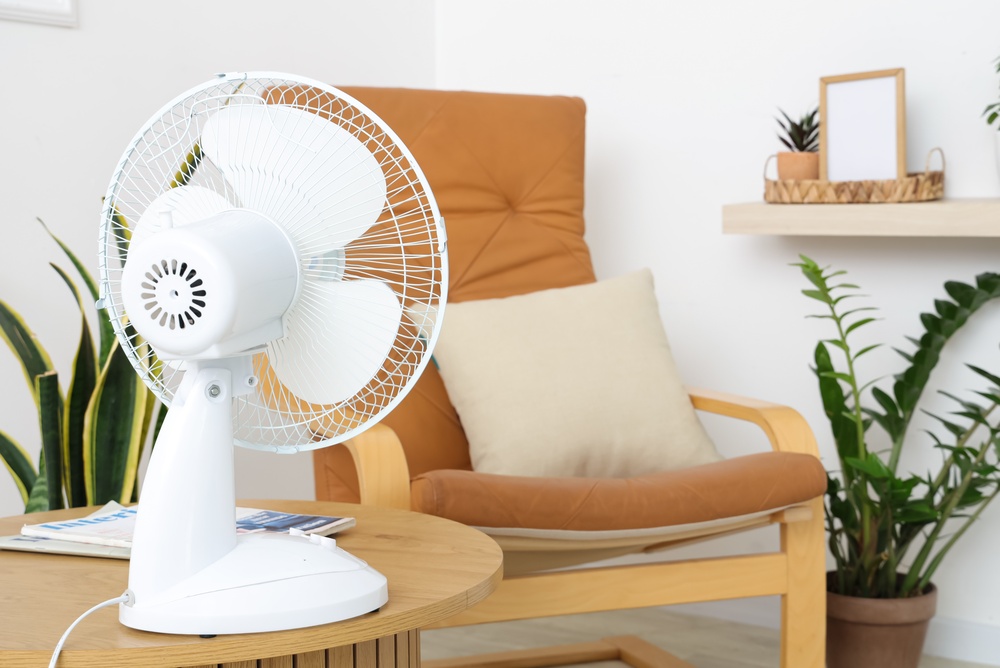 Een ventilator blaast lucht op kamerplanten