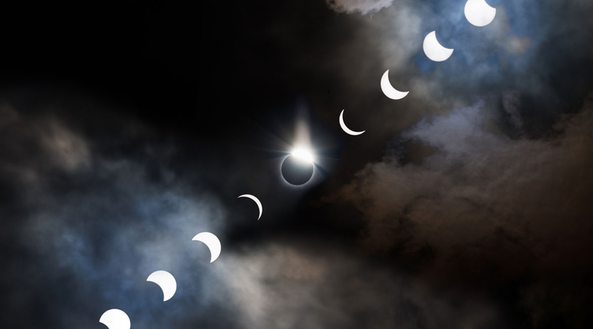 De zon te zien tijdens de verschillende fases van een zonsverduistering